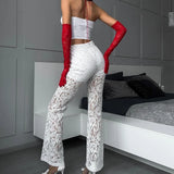 GETADME Women Summer Full Length Gazue Pants Straight Elastic High Waist Female New Sexy Slim Long Trousers Casual Lace Hollow Out Pants