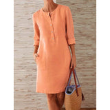 GETADME Women Casual Soild Long Sleeve Cotton And Linen Tunic Dress Vintage Straight Dress Long Sleeve Oversized Mini Knee-Length Dress