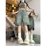 GETADME American Style Vintage Women's Short Jeans High Waisted Washed Wide Leg Denim Pants Woman Fashion Do Old Star Knee Length Shorts