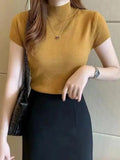 GETADME Women's Half-High Neck T-Shirt Fashion Jumper Casual Tops Korean Style Elegant Solid-Coloured Clothing Spring And Summer Season