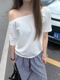 GETADME T-shirts Women Niche Design Off Shoulder Solid Short Sleeve Summer Chic Loose Casual Daily Simple Sexy Korean Trendy Street Tops