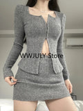 Getadme-Autumn New Grey Casual Knitted Suits Sexy 2 Piece Skirt Set Woman Elegant Y2k Crop Tops + High Waist Slim Mini Skirt Korean