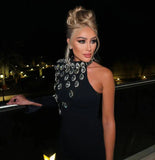 GETADME 패션 여성 셀러브리티 섹시 싱글 슬리브 라인스톤 블랙 맥시 롱 바디콘 붕대 드레스 우아한 이브닝 클럽 파티 드레스