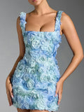 GETADME Fashion 3D Flower Mini Dress Women Sexy Slim Hip Package Female Party Dresses 2025 Vacation Beach Club Strap Rose Lady Robe