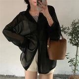 GETADME Shirt for Women Blouse Long Sleeve Top Female Chiffon Loose Cardigan Thin Sexy Solid Color Casual Shirt