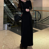 GETADME Korean Fashion Autumn Winner New Dresses Women Solid O-Neck Corset Temperament All-match A-line Slim Loog Sleeve Long Dresses