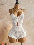 GETADME Boho White Crochet Romper for Women Front Tie Hollow Out Sleeveless Backless Knitted Playsuit Beach Holiday Outfit