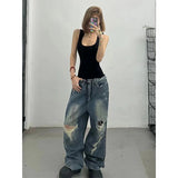 GETADME High Waist Ripped Women's Blue Jeans Hip-hop Style Fashion Vintage Streetwear Y2K Wide Leg Jean 2000s Trouser Baggy Denim Pants