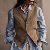 GETADME Women Vest Herringbone Pattern Elegant Turn-down Collar Vests Sleeveless Coats Single Breasted Female Casual Work Vest 2025