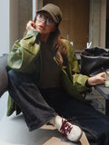 GETADME Veste en cuir vert olive, coupe vintage, tendance streetwear, fermeture éclair, revers, pardessus court, ample, décontractée, vêtement d'extérieur automne