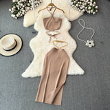 GETADME Summer KnittedTwo Piece Dresses Sets Women Skirt Suit Sexy Slim Crop Tops Long Split Skirt Dress Halter Camis With Skirt