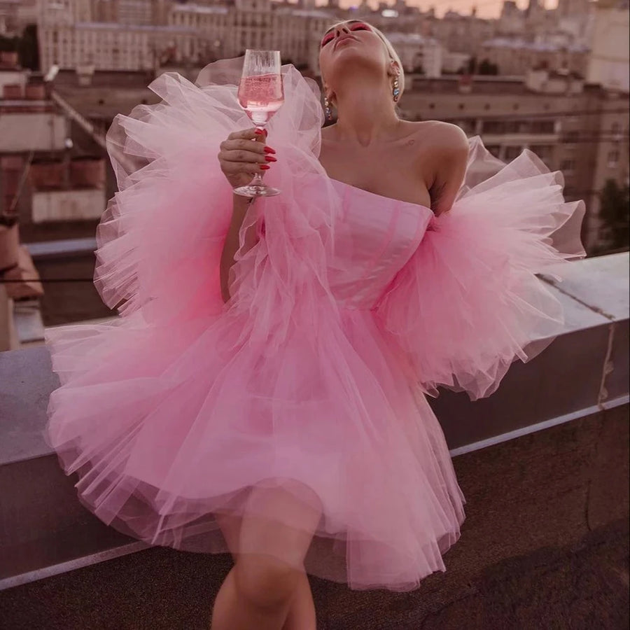 Getadme Pink Prom Gown Short Fluffy Tulle Tutu Dress Sleeves Party Gowns Layered Off Shoulder Women Mini Dress Ruffled Baxk Zipper