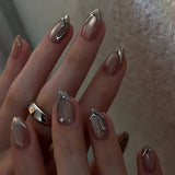 GETADME 24Pcs Short Round Press on False Nails Silver Butterfly Love Heart Design Full Cover Nails Tips Rhinestone Detachable Fake Nails