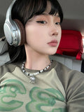 Getadme-Y2K Aesthetic Vintage Green Crop Top Women Kpop Grunge Slim Patchwork T Shirts Casual Long Sleeve Tees 90s Streetwear