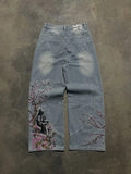 GETADME Japanese Kimono Girl Floral Embroidery Jeans Woman Wide Leg High Waisted Pants Y2k Artistic Design High Waist Trend Women Jeans