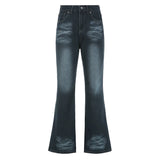 GETADME Washed Jeans Women Vintage Denim Flare Pants 2025 Autumn Casual Distressed Denims Female Streetwear Trousers Floor Length