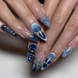 GETADME 24Pcs Black Y2k Long False Nails with Almond Head Design Cat's Eye Silver Stripe Pattern Press on Fake Nails Wearable Nail Tips