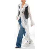 GETADME Combhasaki Women Floral Lace Mesh Flowy Maxi Top Tie Front Dimono Cardigan Sheer Long Sleeve Ruffled Duster Layer Shirt Cover Up