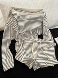 GETADME Striped Sleepwear Women Pajama Shorts Sets Long Sleeve Piiama Casual 2 Pieces Night Wears Summer Korean Casual Home Suit 2025