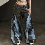 GETADME American Y2K Street Color Stitching Washed Jeans Female Y2K Harajuku Hip Hop Popular Baggy Slim Spice Girl Wide-leg Mop Pants