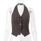 GETADME Candyhot Plaid Print Vintage V-neck Buttons Retro Casual Halter Crop Tops Y2K Summer Daily Sweet Cute Outdoor New All-Match Vest