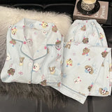 GETADME Embroidery Dog Vintage Plaid 2 Piece Suit Pyjama Femme Korean Style Casual Soft Fashion Women's Pajamas Autumn New Sleepwear