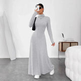 GETADME Autumn/Winter Women's Fashion Dress Elegant Slimming Turtle Neck Polo Long Sleeve Solid Color Ribbed Dress for Your Style