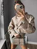 GETADME 2025 Belt Cropped Trench Spring Jacket Women Vintage Streetwear Double Breasted Long Sleeve Top Female Coat Outfits