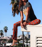 GETADME 패션 여성 바지 플레드 프린트 셀프 수양 캐주얼하고 우아한 출퇴근 스트릿 패션 플레어 팬츠 봄/가을