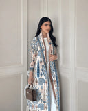 GETADME 가을 여성용 롱 코트, 레트로 프린트 긴팔 무슬림 아바야 사우디 패션 주름 허리 벨트