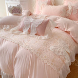GETADME 3/4Pcs Korean Princess-Style Bow Lace Ruffle Green Bedding Set 2-Person Boiled Cotton Bed Linen Duvet Cover Pillowcase Included