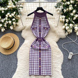 GETADME 2025 New Luxury Houndstooth Knitted Dress Summer Sleeveless Halter Metal Button Design Women Bodycon French Print Sexy Dresses