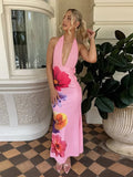 GETADME Nibber Backless Flower Print Dress Women Sleeveless Lace-Up Tassel Halter Folds Patchwork 2025 Beach Vacation Party Vestidos