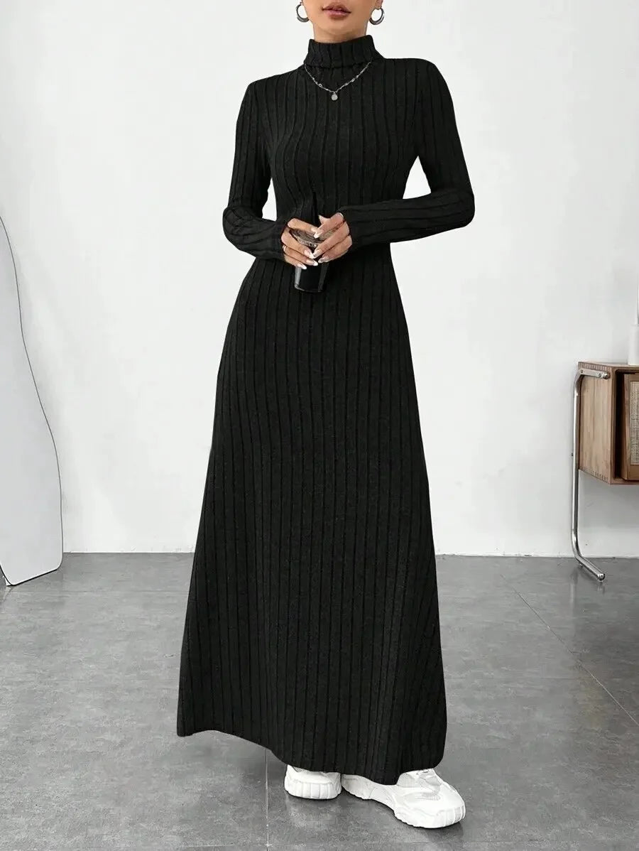 GETADME Autumn/Winter Women's Fashion Dress Elegant Slimming Turtle Neck Polo Long Sleeve Solid Color Ribbed Dress for Your Style