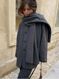 Getadme-Autumn Winter Grey Cashmere Jacket With Scarf Women Long Sleeve Collar Elegant Single Breasted Coats Fashion Pocket Overcoat