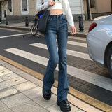 New Fall Summer Flared Jeans Women's Blue Straight Slim Body High Waist Vintage Pants Female Korean New Solid Color Trouser