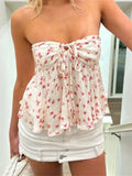 Getadme Strapless Off Shoulder Ruched Tube Tops Women Front Tie-up Ruffles Summer Party Clubwear Tank fLORAL pRINT Mini Vest