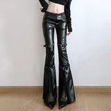 GETADME SUCHCUTE PU Leather Flare Pant Goth Buckle Lace Patchwork Pants Women Fashion Y2K Streetwear Vintage Aesthetics Casual Trouesrs