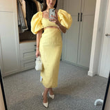 GETADME Womens Puff Sleeve Party Dress Ladies 2025 Hollow Waist High Street Summer Dress Elegant Solid Square Collar Holiday Long Dress