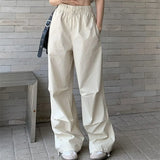 Getadme-American Vintage Women Loose Cargo Pants Summer Fashion Elastic High Waist Drawstring Solid Thin Casual Straight Sports Trousers