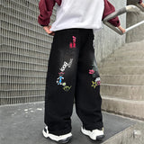 GETADME 2026 Boys' Street Style Straight Jeans: Black Denim with Cartoon Letter Back Print (Ages 4-14