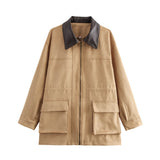 GETADME European and American style new lapel contrast color large pocket suede mid-length jacket coat women's fashionable all-match sho