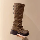 GETADME High Boots Autumn New Round Toe Sleeve Anti-Slip Wear-Resistant Metal Buckle Platform Anti-Slip Single Boots
