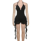 GETADME Hot Sexy Halter Deep V-neck Backless Ruffle Tassel Black Playsuits Women Skinny Club High Street One Piece Romper 2025