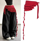 GETADME Embroidered Flower Lace Mini Skirt Irregular See Through Ruched Skirts Lace-up Design High Waist Pleated Skirts