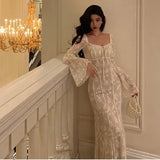 Getadme New Style Retro Lace Women’s Dress Holiday Clothing With Bell Sleeves And Slim Fit Long Elegant And Pretty Party Female Dresses.