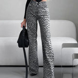 GETADME High Quality Gray Leopard Printed Pockets Straight Trousers Autumn&Winter Trend Club Slim Streetwear Long Pants Ladies 2025