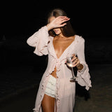 GETADME Irregular Ruffles Dress Women's Chic V Neck Long Sleeve Lace Up Beach Dress Summer 2025 Fashion Lady Vacation Cover Up
