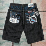 GETADME American Washed Ecko Denim Shorts Mens Hip-hop Rock Street Fashion Pattern Straight Pants Harajuku Trend Wide Pants