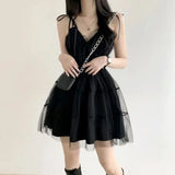 GETADME  Summer Y2k Black Mesh Women's Ball Gown Dresses 2025 New Sleeveless Strapless V-neck Party Sexy Mini Dress for Womens